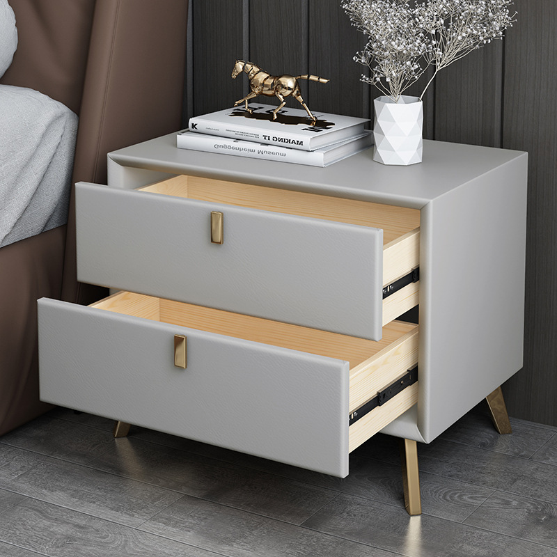 Solid Wood Nightstand 2 Drawers - Table de chevet moderne en similicuir