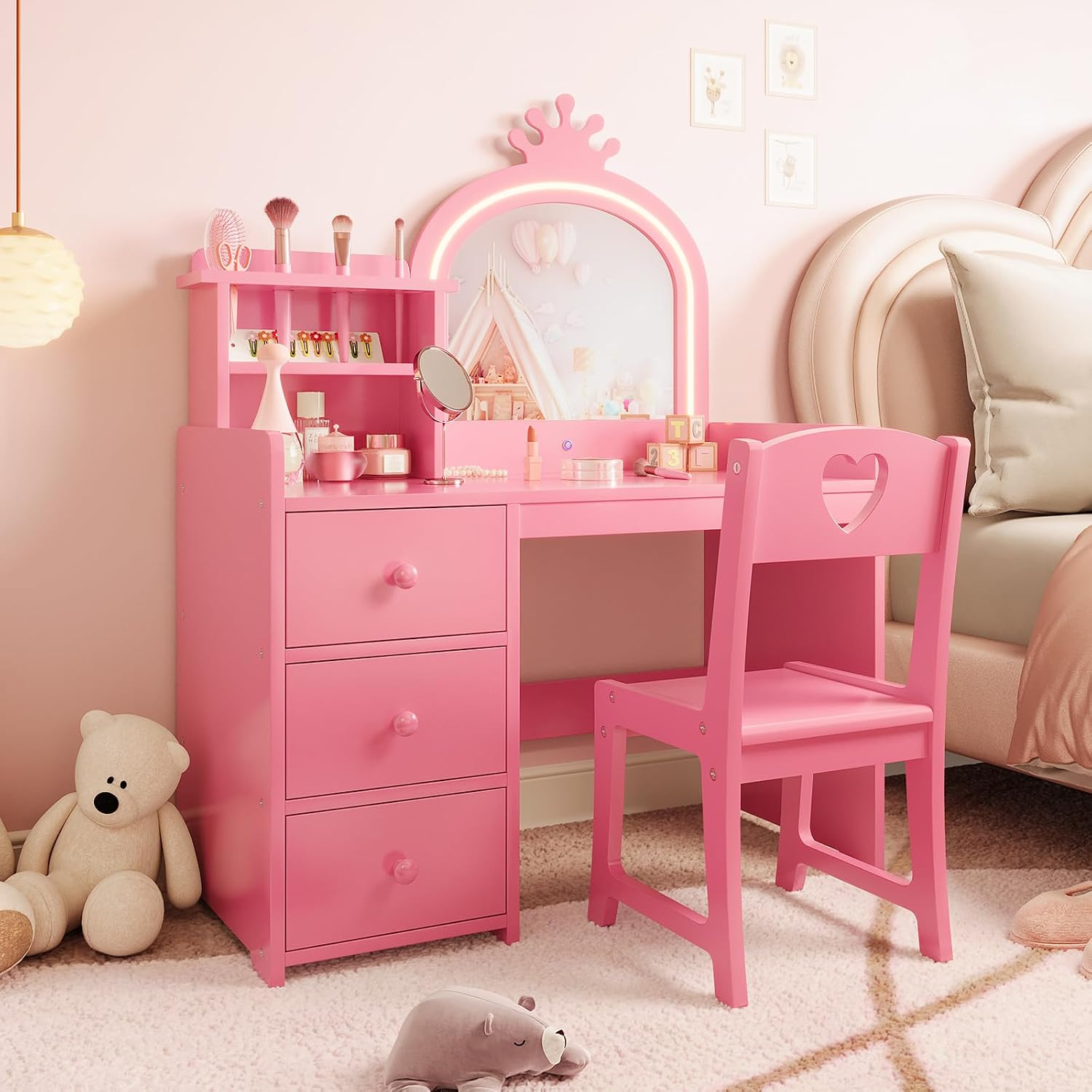 Dressing Table Vanity With Lighted Mirror - Coiffeuse pour enfants avec miroir éclairé,
