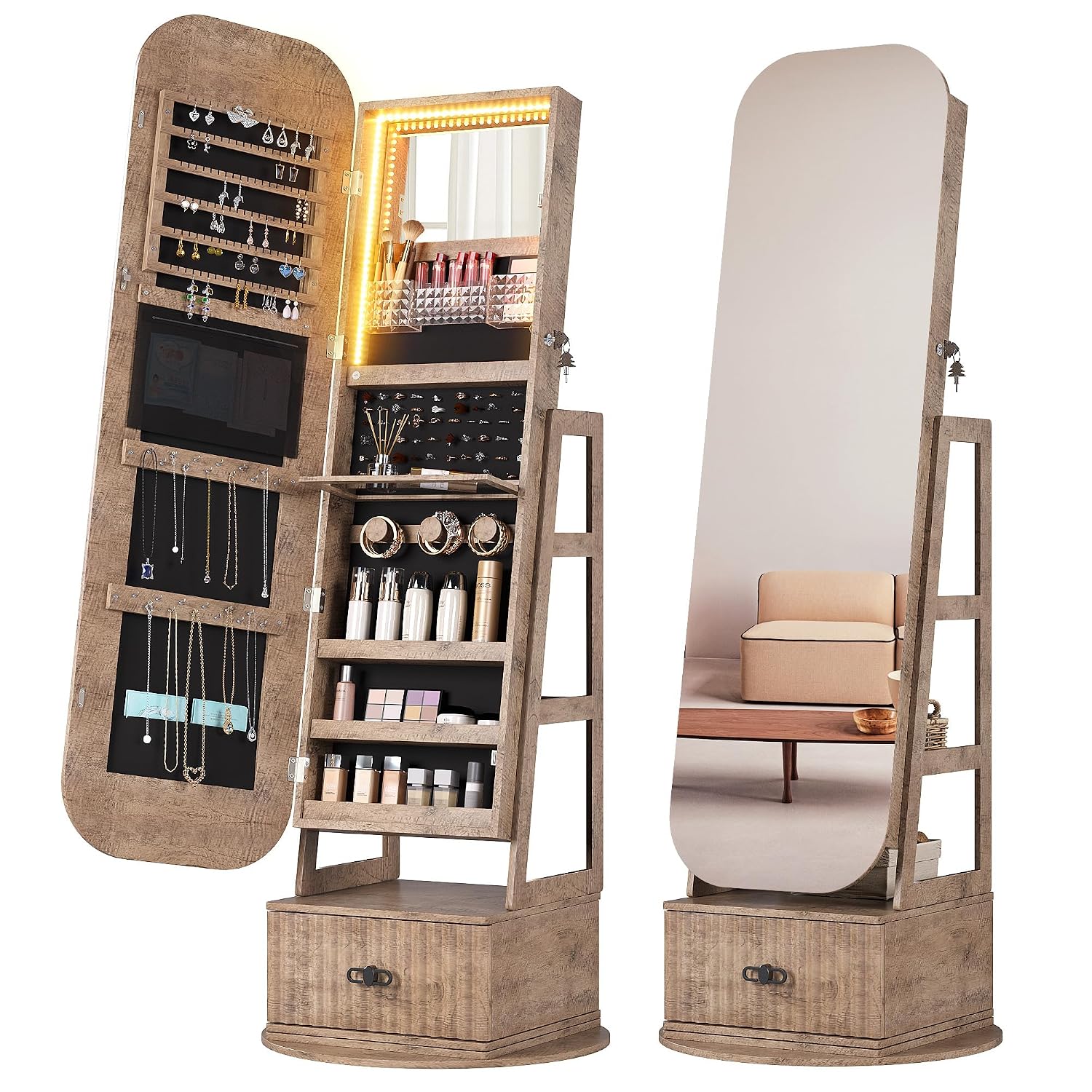 Full Length Mirror Jewelry Armoire - Organisateurs de bijoux pivotants à 360°