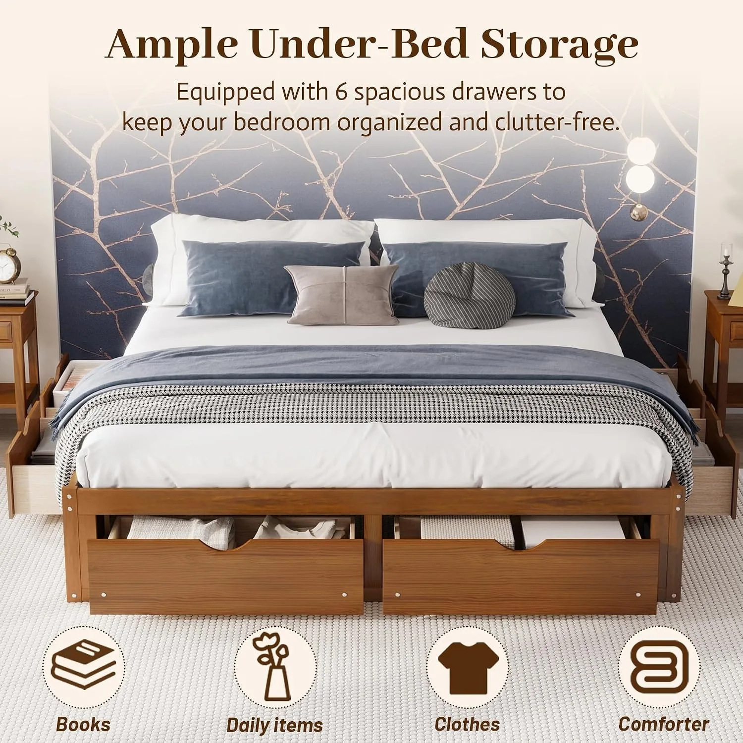 King Size Bed Frame With Storage Drawers - Cadre de lit plateforme minimaliste en